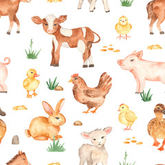 Watercolor seamless pattern with cute cartoon farm animals