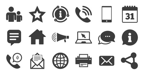 Set of Communication, Conference and Information icons. Information, chat bubble icon. E-Mail, Printer and Internet signs. Speech bubble, Support and Phone call symbols. Quality set. Vector