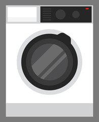 Washing machine with control panel. Electric appliance for cleaning clothes and fabric cloth. Washer and dryer, equipment with drum and timer. Contemporary device for housekeeping vector in flat