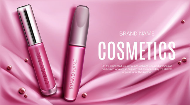 Lip Gloss And Mascara Tubes Mockup Banner Top View Liquid Lipstick With Silver Cap Make Up Cosmetics Beauty Product On Pink Silk Draped Fabric Background Luxury Promo Poster Realistic 3d Vector Stock