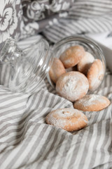 coffee with cookies in bed. Interior details. Gray background. Beautiful flat lay