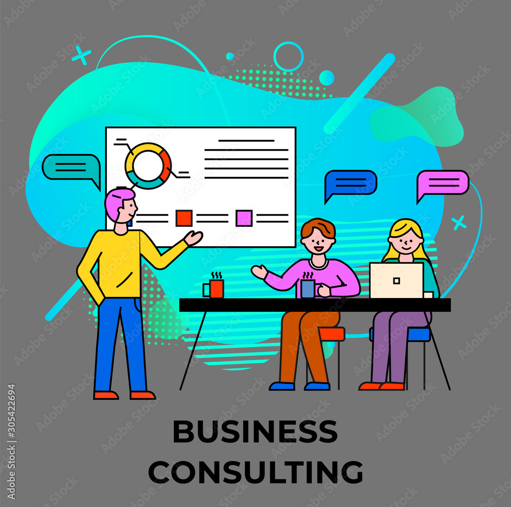 Aufkleber business consulting, tutor with students at educational seminar. presentation on whiteboard for char