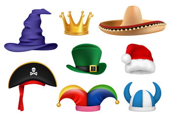 Carnival hats. Masquerade clothes fabric funny hats viking sombrero clown santa crown party celebration items vector realistic. Masquerade hat carnival, costume party illustration - obrazy, fototapety, plakaty