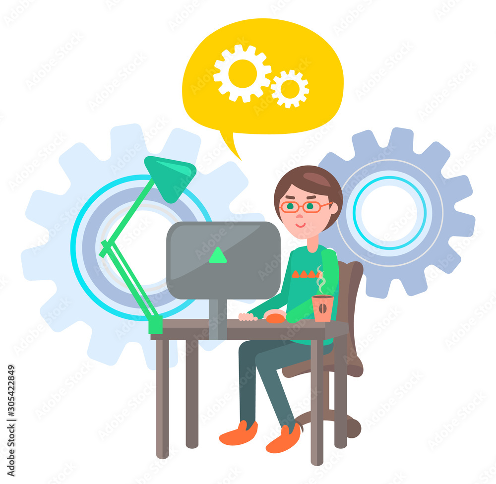 Poster man sitting by laptop working on projects development vector, male with computer looking at screen. 