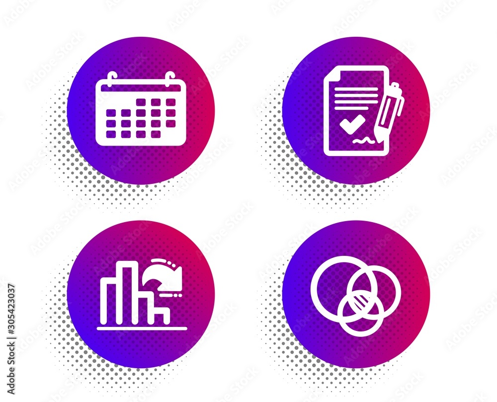 Poster approved agreement, decreasing graph and calendar icons simple set. halftone dots button. euler diag