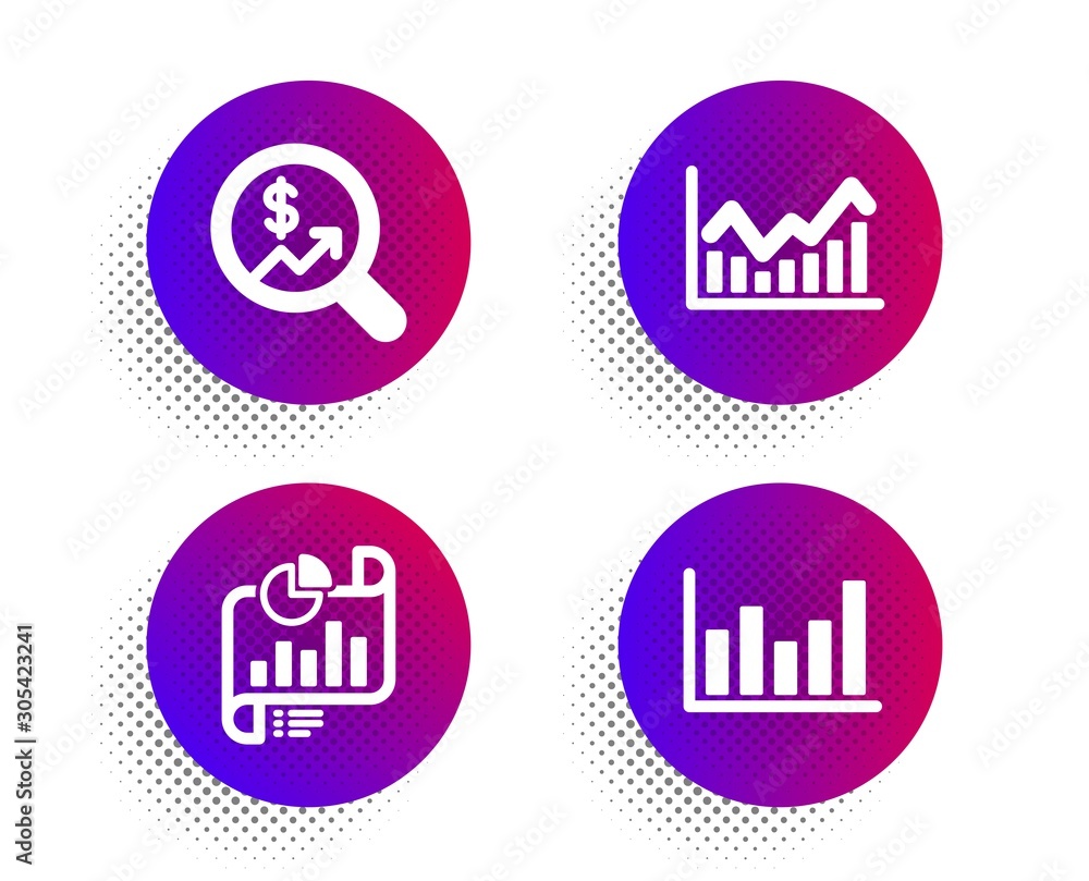 Poster report document, currency audit and infochart icons simple set. halftone dots button. column chart s
