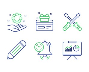 Fototapeta premium Loyalty card, Employee hand and Screwdriverl line icons set. Time management, Pencil and Presentation signs. Bonus points, Work gear, Repair tool. Alarm clock. Technology set. Vector