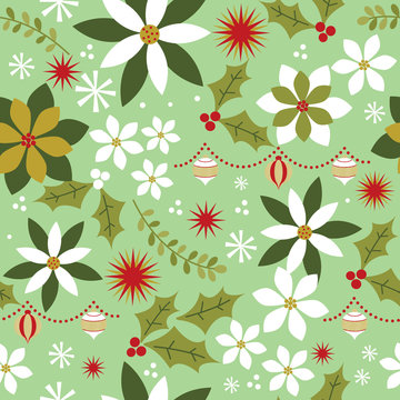 Seamless christmas pattern background with Christmas flower, poinsettia and leaf pattern, vector illustration