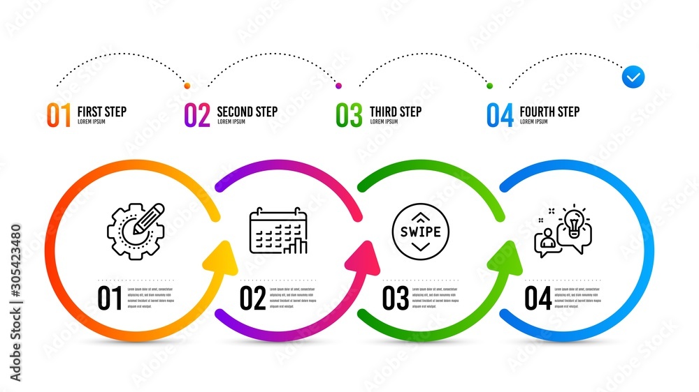Poster idea sign. infographics timeline. settings gear, calendar graph and swipe up line icons set. technol