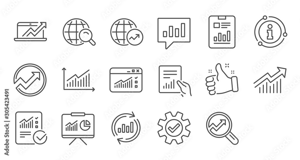 Poster analytics line icons. reports, charts and graphs. data statistics linear icon set. quality line set.