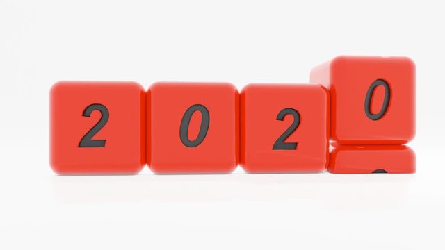 happy new year 2020 coming and 2019 leaves, 3d animation of red dice in a white background