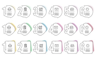 Employees wealth, Recovery server and Sun energy line icons set. Infographic timeline. Report, Safe time and Seo script signs. Results chart, Backup data, Solar power. Presentation chart. Vector
