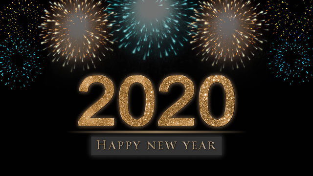 2020 New Year's eve card, illustration with fireworks, golden glitter numbers and Happy New Year text on black background