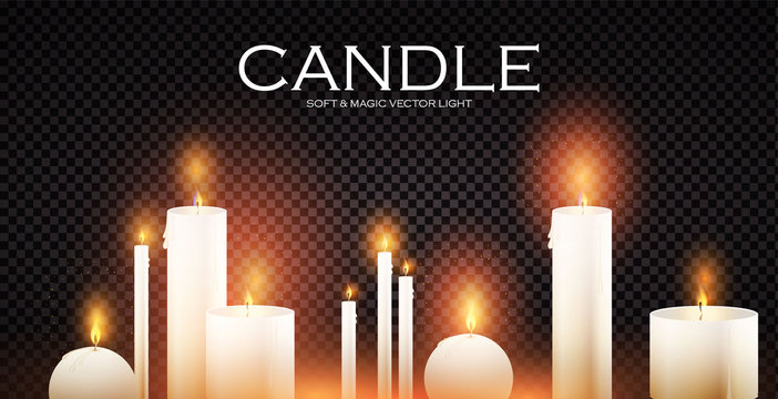 Realistic 3D burining wax & paraffin candles. Candle flame on transparent background.