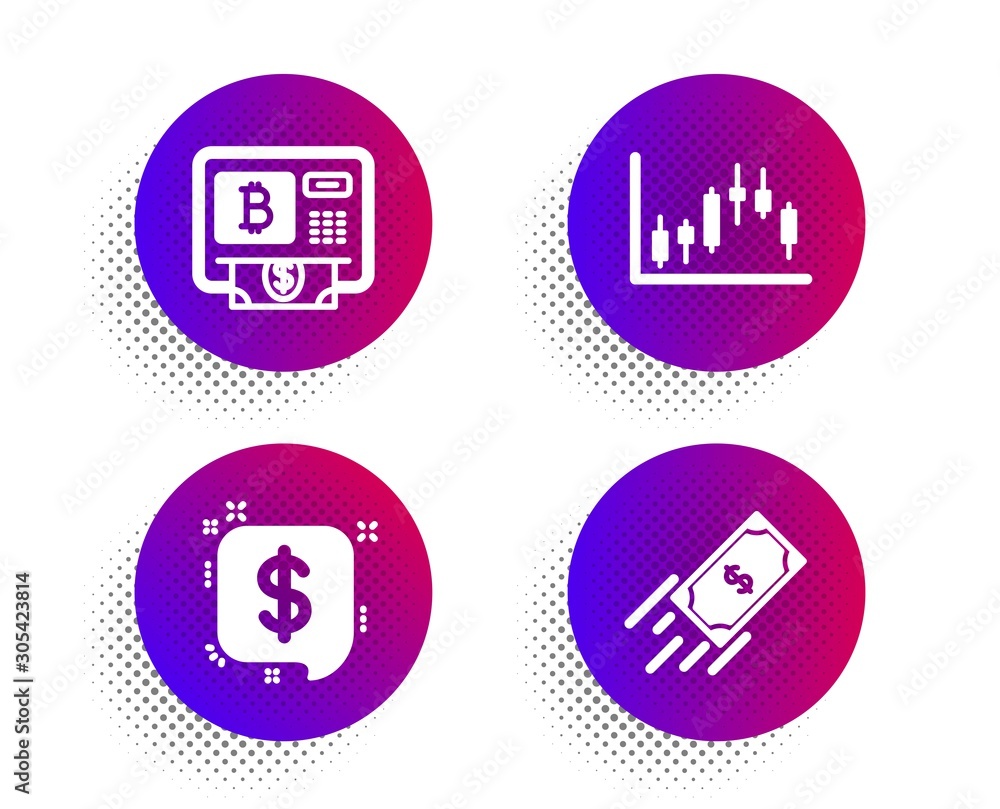 Poster payment message, candlestick graph and bitcoin atm icons simple set. halftone dots button. fast paym