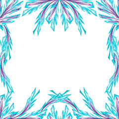 Seamless symmetric upper border of abstract artistic blue-purple pattern in frosty  style. Ice branches with blunt endings. Watercolor hand painted elements isolated on white background.