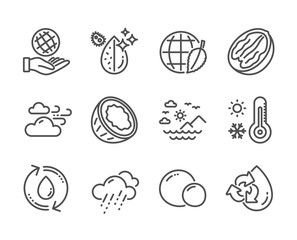 Set of Nature icons, such as Dirty water, Weather thermometer, Coconut, Refill water, Rainy weather, Pecan nut, Environment day, Peas, Safe planet, Sea mountains line icons. Dirty water icon. Vector