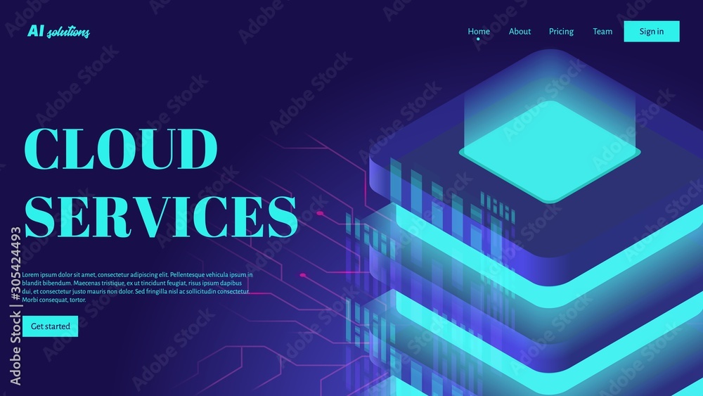 Poster isometric vector illustration of cloud storage, computing or server technology.