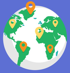 Logistics worldwide B2b, globe with location symbol on countries. Planet with colorful continents, gps object, shipping tracking, international delivery technology, earth symbol on blue, trade vector