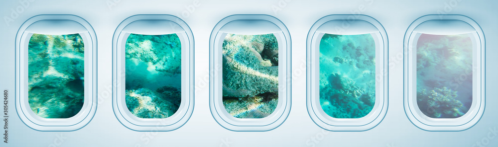 Sticker Beautiful scenic view of Underwater landscape through the aircraft windows