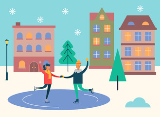 Wintertime activities vector, man and woman dancing on ice skating rink. People in snowy weather spending time outdoors. Couple in front of homes and pine trees in town. Winter holidays flat style