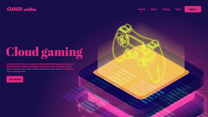 Isometric neon gamepad and cloud server. Game streamong landing page design template. © woters