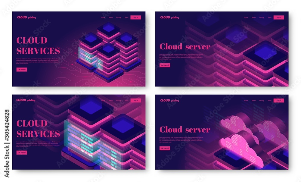 Poster isometric modern cloud services, technology and networking set of landing page concepts.