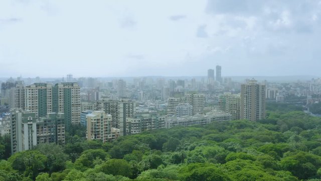 Aerial view of Mumbai City and forest in the foreground.