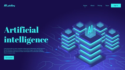 Artificial intelligence landing page header concept with computer server and neural network.