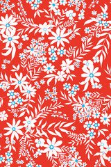 vector seamless ditsy floral pattern with fantasy flowers, leaves. Graphical flowers, allover design. 