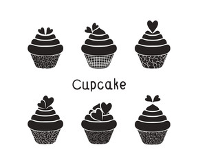  Set of cupcakes. Silhouettes of cupcakes with cream and hearts. Images are black. The background is white. The text is black. Vector illustration.
