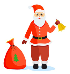 Santa Claus standing on ground alone. Person in red warm clothes with bells in hand. Colorful sack or bag with gifts for children. Christmastime in december, traditional winter vector illustration