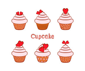  Set of cupcakes. Color images of cream cupcakes decorated with hearts. The background is white. Vector illustration.