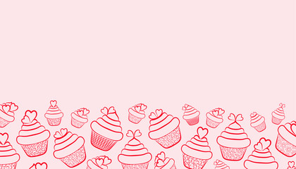  Cupcakes with cream and hearts. Festive background for Valentine's Day. Cupcake outline  with hearts on a pink background. Horizontal format. there is a place for text. Design element. Vector illustr
