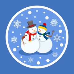 Male and female sculptures made of snow, isolated winter characters under snowfall. Snowflakes and bokeh effect. Man and woman snowman with hats and knitted scarves on snowballs sticker vector