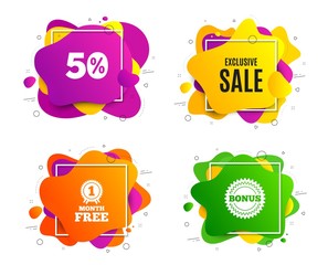 Exclusive Sale. Liquid shape, various colors. Special offer price sign. Advertising Discounts symbol. Geometric vector banner, square frames. Exclusive sale text. Gradient shape badge. Vector