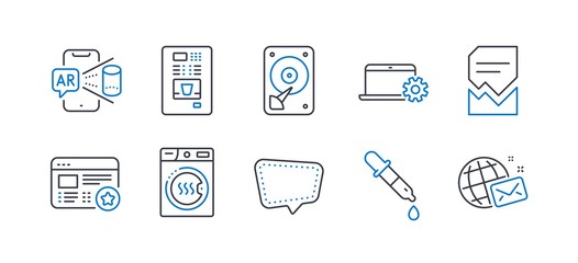 Set of Technology icons, such as Chat message, Hdd, Corrupted file, Dryer machine, Chemistry pipette, Notebook service, Augmented reality, Coffee vending, Favorite, World mail line icons. Vector