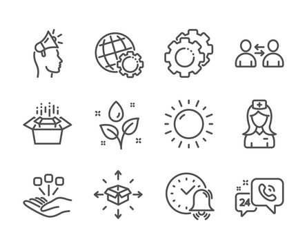 Set Of Business Icons, Such As Packing Boxes, Settings Gears, Hospital Nurse, Sunny Weather, Alarm Bell, 24h Service, Consolidation, Parcel Delivery, Plants Watering, Communication, Globe. Vector