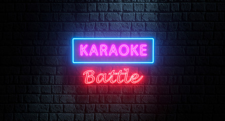 3d illustration of karaoke battle - neon sign on brick wall background