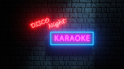 Obraz premium 3d illustration of glowing neon sign - Karaoke Disco Night on brick wall at the street