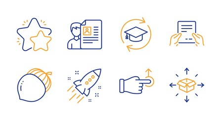 Drag drop, Startup rocket and Star line icons set. Job interview, Receive file and Acorn signs. Continuing education, Parcel delivery symbols. Move, Business innovation. Business set. Vector