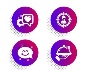 Heart, Smile chat and Headhunting icons simple set. Halftone dots button. Restaurant food sign. Star rating, Happy emoticon, Person in target. Room service. Business set. Vector