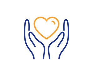 Friends love sign. Hold heart line icon. Friendship hand symbol. Colorful outline concept. Blue and orange thin line hold heart icon. Vector