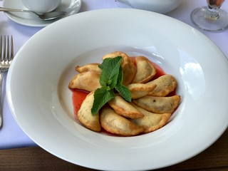 fried dumplings with strawberries