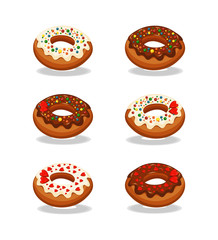  Set of multi-colored donuts. Multi-colored donuts with white and chocolate icing and multi-colored sprinkles. The background is white. Vector illustration.