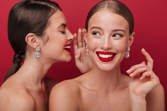 Cheery Positive Two Women With Bright Red Lipstick