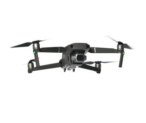 New dark grey drone quadcopter with digital camera and sensors flying isolated on white
