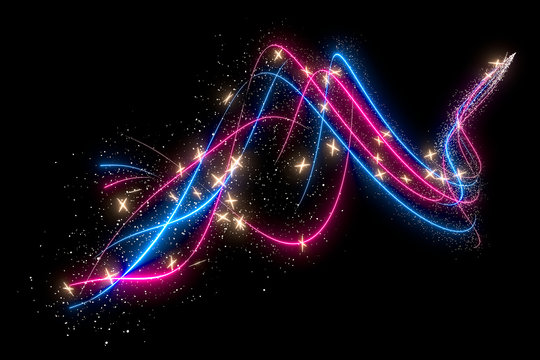 Round golden confetti or sparkles on a black background, with luminous lines. 3d rendering image. - Powered by Adobe