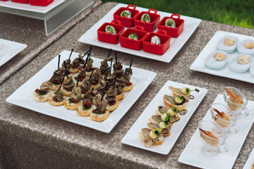 Beautifully decorated catering banquet table with different food snacks.