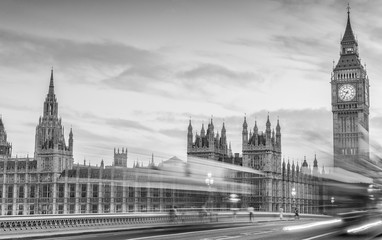 Fototapeta na wymiar Magnificent black and white view of Westminster traffic in the night, London